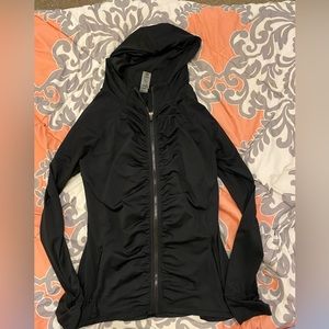 athletic black zip up size large with hood and thumb holes